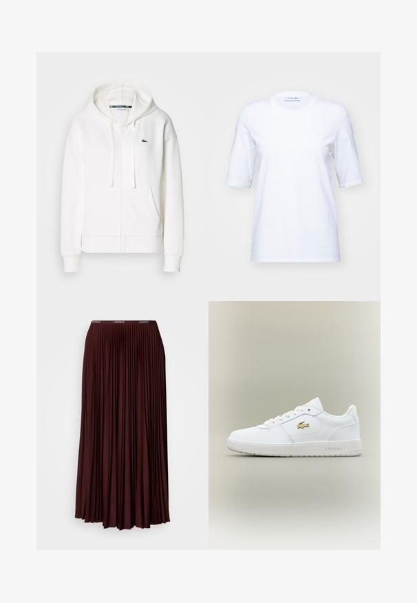 Veste à zip blanche en tissu doux, dotée d'une capuche, de poches kangourou et d'un petit logo vert Lacoste sur la poitrine gauche.; T-shirt en coton blanc à manches courtes, col rond et logo brodé discret sur la poitrine. Texture lisse, coupe classique.; Jupe plissée bordeaux en tissu doux avec une taille élastique arborant un logo discret. Modèle longueur complète avec des plis verticaux.; Baskets en cuir blanc avec un design basse, bout arrondi, fermeture à lacets et un accent du logo doré Lacoste sur le côté.