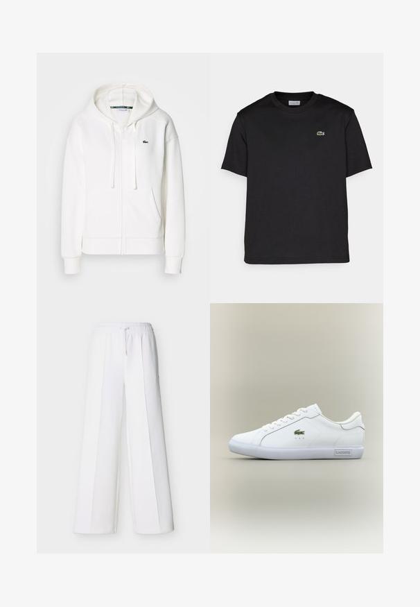 Weißer Reißverschluss-Hoodie aus weichem Stoff, mit Kapuze, Kängurutaschen und einem kleinen grünen Lacoste-Logo auf der linken Brust.; Schwarzes Baumwoll-T-Shirt mit rundem Ausschnitt, kurzen Ärmeln und einem kleinen grünen gestickten Logo auf der linken Brust. Einfaches Design.; Weiße Weithosen mit elastischem Bund und Kordelzug. Hergestellt aus weichem Stoff mit vertikalen Nähten für einen maßgeschneiderten Look.; Weiße Sneaker im Low-Top-Design mit weißen Schnürsenkeln, grünem Krokodil-Logo an der Seite und "Lacoste"-Label an der Sohle vor neutralem Hintergrund.