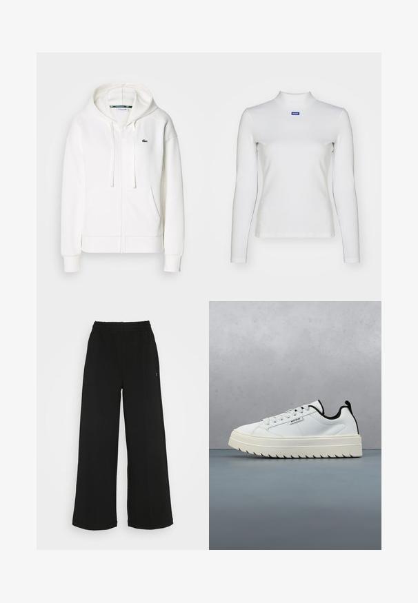 Witte zip-up hoodie gemaakt van zachte stof, met een capuchon, kangoeroezakken en een klein groen Lacoste-logo op de linkerborst.; Witte lange mouw turtleneck top van rekbare stof, met een strakke pasvorm en een klein blauw logo op de borst.; Zwarte wijde broek met een elastische tailleband. Gemaakt van een zachte, lichte stof. Heeft verticale naden aan de voorkant.; Witte leren sneaker met een chunky, gestructureerde zool met een gezaagd ontwerp. Zwarte accenten op de hak en de tong zorgen voor contrast.