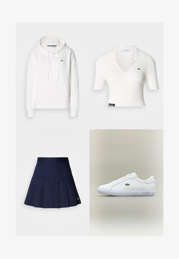 Biely zipsový mikina vyrobená z mäkkej tkaniny, s kapucňou, klokankovými vreckami a malým zeleným logom Lacoste na ľavej hrudi.; Biela rebrovaná skrátená polo košeľa s výstrihom do V, krátkymi rukávmi a zeleným logom krokodíla Lacoste na ľavom prsníku. Čierna nášivka na leme.; Námornícka plisovaná sukňa s priliehajúcim pásom, vyrobená z hladkého materiálu. Obsahuje malé logo Lacoste na leme.; Biele nízke tenisky s bielymi šnúrkami, zeleným krokodílim logom na boku a štítkom "Lacoste" na podrážke na neutrálne pozadí.