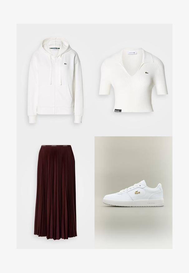 Hvid zip hoodie lavet af blødt stof, med hætte, kængurulommer og et lille grønt Lacoste-logo på venstre bryst.; Hvid ribbet cropped polo skjorte med V-udskæring, korte ærmer og et grønt Lacoste krokodillelogo på venstre bryst. Sort mærke ved kanten.; Bordeaux plisseret nederdel lavet af blødt stof med en elastisk talje og et diskret logo. Hel længde design med lodrette plisseringer.; Hvide lædersneakers med lavt design, rund tå, snøring og et guld Lacoste-logo som accent på siden.