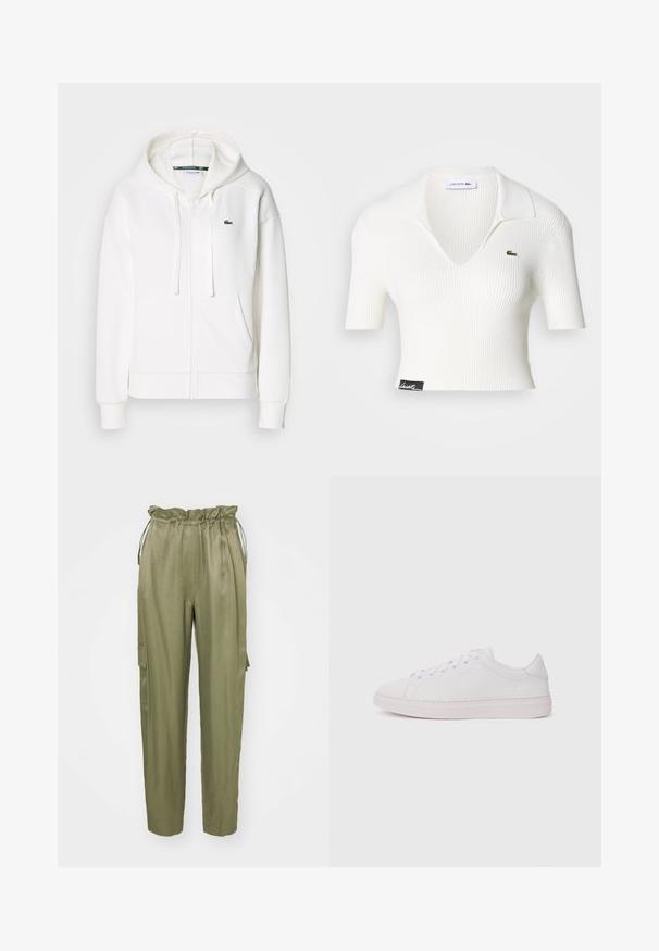 Hvid zip hoodie lavet af blødt stof, med hætte, kængurulommer og et lille grønt Lacoste-logo på venstre bryst.; Hvid ribbet cropped polo skjorte med V-udskæring, korte ærmer og et grønt Lacoste krokodillelogo på venstre bryst. Sort mærke ved kanten.; Oliven grønne cargo bukser med elastisk talje og snøre, tætsiddende ben og en sidelomme. Glat stof med en mat overflade.; Hvide sneakers med en glat læderoverdel, rund tå og flad gummisål. Har snørefunktion og et diskret logo på siden.