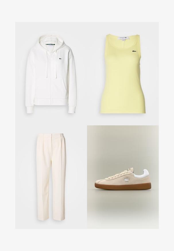 Sudadera blanca con cremallera hecha de tela suave, que cuenta con una capucha, bolsillos tipo canguro y un pequeño logo verde de Lacoste en el lado izquierdo del pecho.; Camiseta de tirantes amarilla con cuello redondo y corte ajustado. Presenta un pequeño logo bordado de Lacoste en el lado izquierdo.; Lacoste Pantalones - lapland; Zapatillas de ante beige con acentos blancos y suela de goma. Presentan un logo elevado en el lateral y cordones beige en contraste. Diseño clásico.