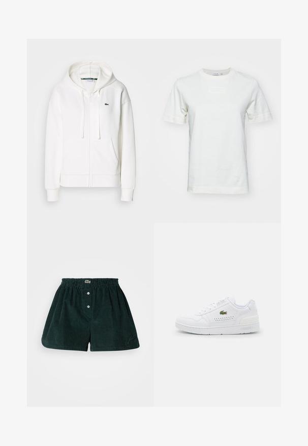 Sudadera blanca con cremallera hecha de tela suave, que cuenta con una capucha, bolsillos tipo canguro y un pequeño logo verde de Lacoste en el lado izquierdo del pecho.; Camiseta blanca de algodón con mangas cortas, cuello redondo y un logo "LACOSTE" texturizado en el frente. Tejido suave con un corte regular.; Pantalones cortos de pana verde oscuro con cintura elástica, tres botones en la parte delantera y detalle de logo bordado en un costado.; Zapatilla blanca de cuero con acentos perforados, punta redonda, suela plana de goma y logo de Lacoste bordado en verde en el lado exterior.