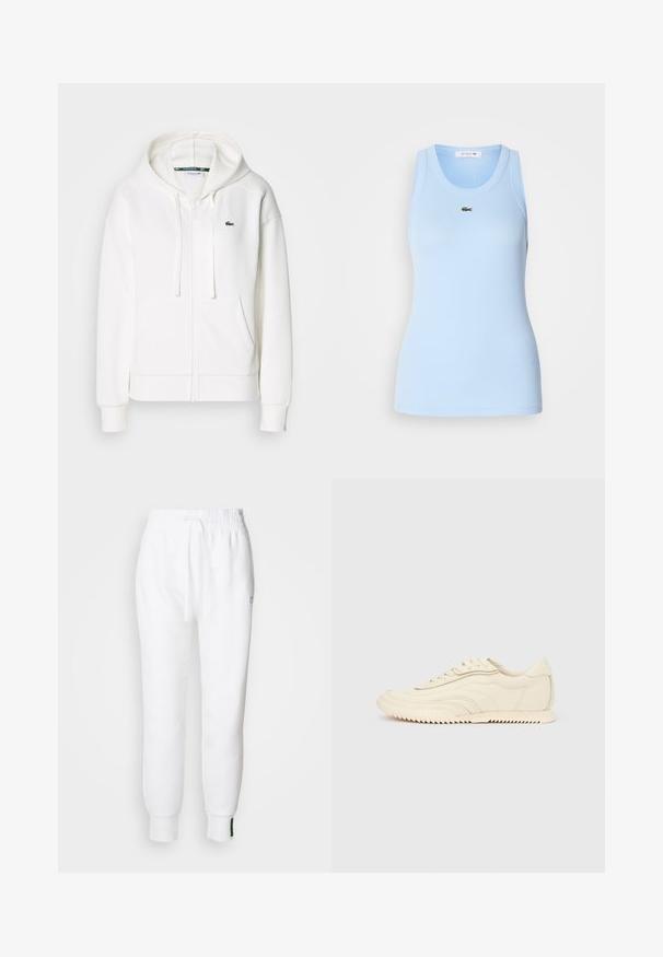 Hvid zip hoodie lavet af blødt stof, med hætte, kængurulommer og et lille grønt Lacoste-logo på venstre bryst.; Lys blå tanktop lavet af ribbet stof, med rund hals og et lille grønt Lacoste-logo på brystet. Glat tekstur.; Hvide joggerbukser med elastisk talje og snøre, der har sidelommer og ribbet manchetter. Blødt stof med broderet logodetalje.; Lavprofileret sneaker i cremefarve med bølget syning, snørebånd og en rilleret sål, vist fra siden på en ensfarvet baggrund.