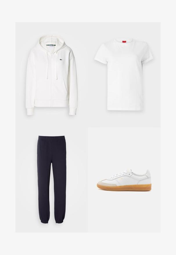Hvid zip hoodie lavet af blødt stof, med hætte, kængurulommer og et lille grønt Lacoste-logo på venstre bryst.; Hvid kortærmet t-shirt lavet af letvægts bomuld. Har en rund halsudskæring og rullede ærmer. Rød logoetiket på kraven.; Marineblå sweatpants med elastisk talje og snoreforbundne nederste kanter. Fremstillet af blød stof med en glat tekstur, uden synlige mønstre eller udsmykninger.; Hvide lædersneakers med beige ruskindsdetaljer, gummisål og snøredesign. Har diskret branding i guld.