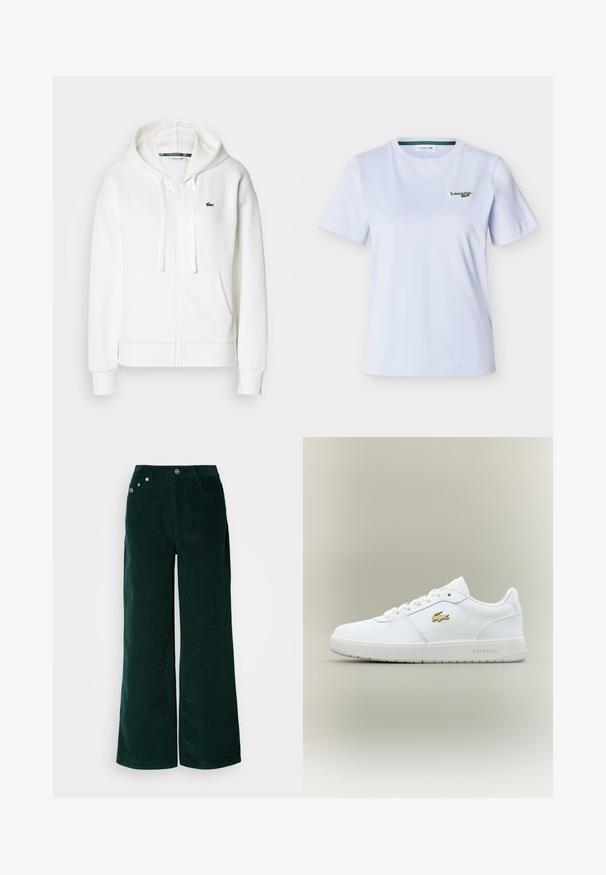 Biely zipsový mikina vyrobená z mäkkej tkaniny, s kapucňou, klokankovými vreckami a malým zeleným logom Lacoste na ľavej hrudi.; Biele tričko s krátkym rukávom a okrúhlym výstrihom, s malým zeleným vyšívaným logom Lacoste na ľavej strane hrudníka.; Široké manžety z kordurovej látky tmavozelenej farby. Majú horizontálnu rebrovanú textúru, predné vrecká a zapínanie na gombík s výraznými značkovými prvkami.; Biele kožené tenisky s nízkym strihom, okrúhlou špičkou, šnurovaním a zlatým logom Lacoste na boku.