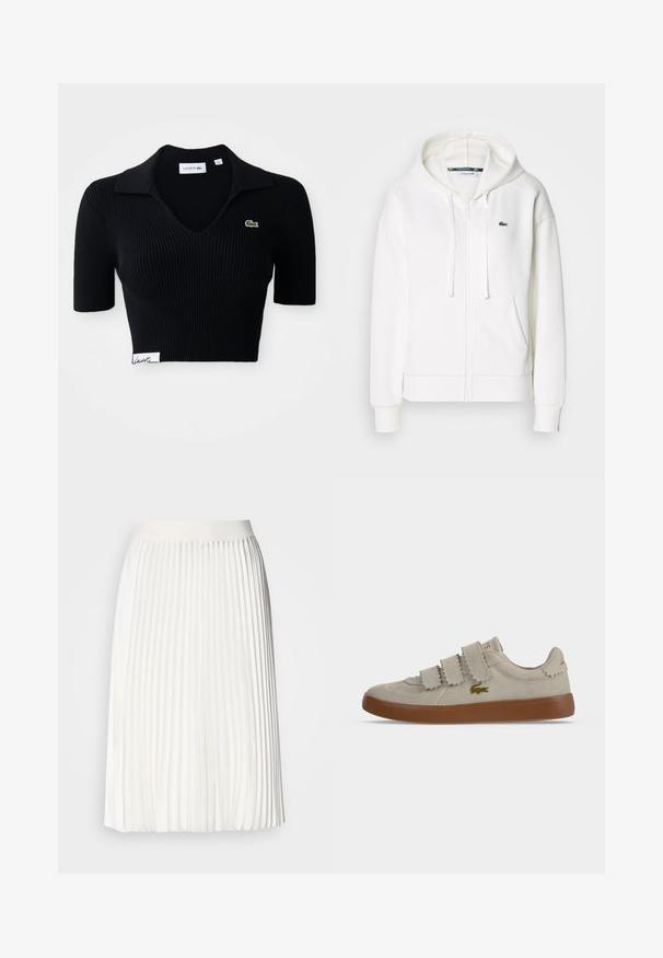 Witte zip-up hoodie gemaakt van zachte stof, met een capuchon, kangoeroezakken en een klein groen Lacoste-logo op de linkerborst.; Zwarte cropped poloshirt van ribstof met een V-hals, korte mouwen en een groen geborduurd logo op de linkerborst. Witte label aan de zoom.; Plissé witte rok met een gladde tailleband, knielange ontwerp, met een vloeiende textuur en constante verticale plooien.; Beige suède sneaker met drie klittenbandriempjes, bruine rubberen zool en een klein groen krokodillenlogo aan de zijkant.