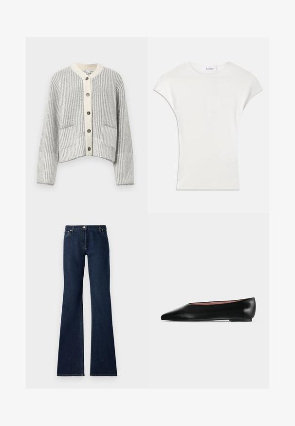 Cardigan en mélange de laine gris et crème, présentant un tricot côtelé vertical, un col en chevrons, six boutons foncés et deux poches frontales.; Chemise blanche à manches courtes en tissu côtelé doux. Encolure ras du cou ; coupe décontractée avec des manches légèrement bouffantes. Étiquette de la marque visible au niveau de l'encolure.; Jean flare bleu foncé en denim, dotés d'un design à cinq poches, de passants de ceinture et de coutures jaunes contrastées le long des coutures.; Chaussure plate en cuir noir pour femme, avec bout pointu et petit talon, vue de côté sur un fond gris clair uni.