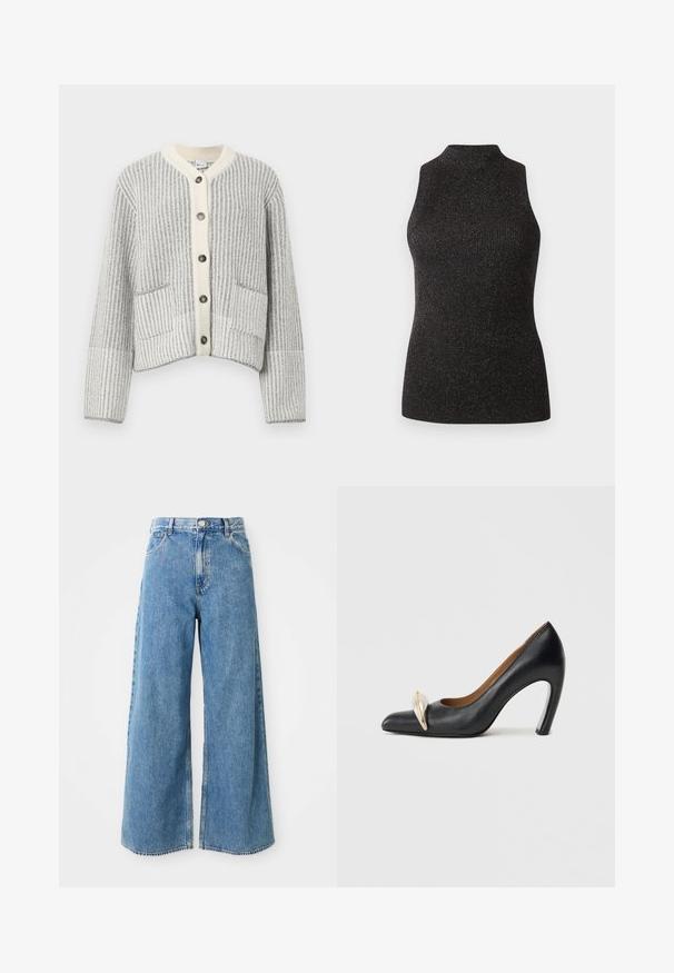 Strickjacke aus Wollmischung in Grau und Creme, mit vertikalen Rippen, Fischgrätkragen, sechs dunklen Knöpfen und zwei Taschen vorne.; CLOSED SLEEVELESS - Top - black; Hochbundige, hellblaue, weit geschnittene Jeans mit Frontknopf, Reißverschluss und Fronttaschen auf weißem Hintergrund.; Schwarzer High-Heel-Schuh aus Leder mit spitz zulaufender Vorderseite und einem goldenen Akzent vorne. Verfügt über einen sich verjüngenden Absatz und eine glatte Oberfläche.