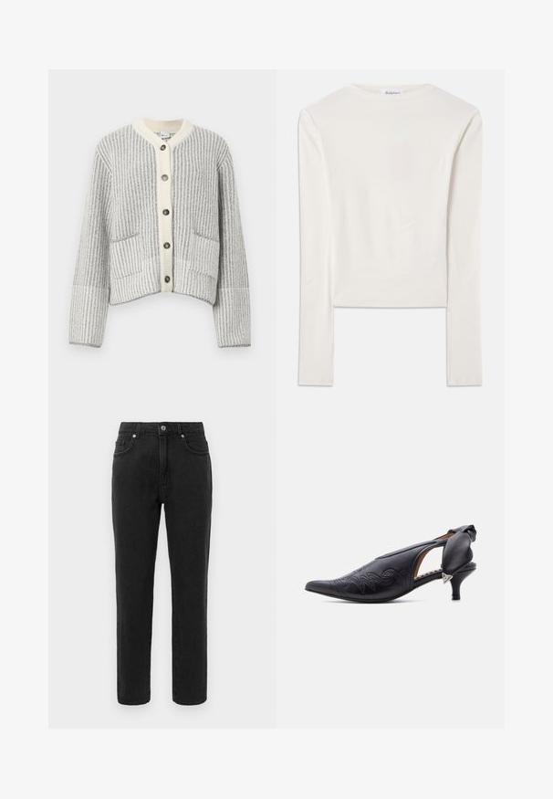 Wolblend vest in grijs en crèmekleur, met verticale ribbels, een visgraatkraag, zes donkere knopen en twee voorzakken.; Witte lange mouw top van katoen, met een eenvoudige ronde hals en een slim fit. De stof is glad met een lichte stretch.; Zwarte denim jeans met een recht beenontwerp, standaard vijf-pocket styling en een knoopsluiting. Heeft subtiele stikdetails.; Zwarte leren slingback pumps met puntige neus en geborduurde details, voorzien van een lage kittenheel, een gewatteerde strik en een zilveren driehoekaccent.