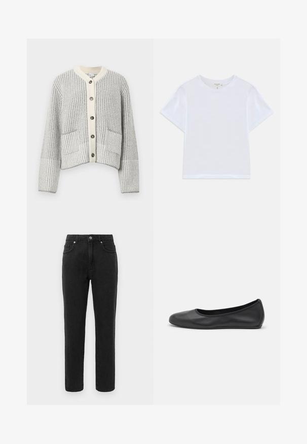 Cardigan en mélange de laine gris et crème, présentant un tricot côtelé vertical, un col en chevrons, six boutons foncés et deux poches frontales.; T-shirt blanc court en coton doux, avec un col rond et des manches courtes, d'ajustement légèrement décontracté. Pas de motifs ni d'accents.; Jean en denim noir avec une coupe droite, style à cinq poches standard et une fermeture à boutons. Présente des détails de couture subtils.; Ballerines en cuir noir avec un bout rond, texture lisse, détails de couture minimalistes et design de semelle flexible.