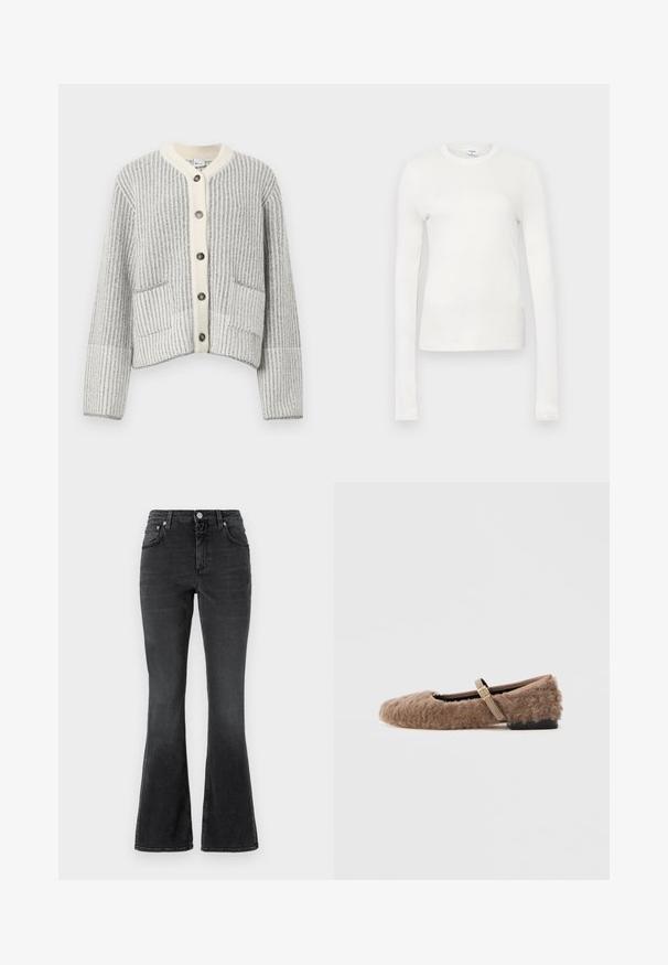 Cardigan en mélange de laine gris et crème, présentant un tricot côtelé vertical, un col en chevrons, six boutons foncés et deux poches frontales.; T-shirt à manches longues blanc en coton doux. Il présente un col rond, une silhouette ajustée et une texture lisse. Pas de motifs ni d'accents.; CLOSED JOVANNA - Jean slim - dark grey; Chaussure plate marron et duveteuse avec une bride Mary Jane et un détail de boucle dorée. Texture douce, bout carré et petit talon bloc. Doublure intérieure lisse.
