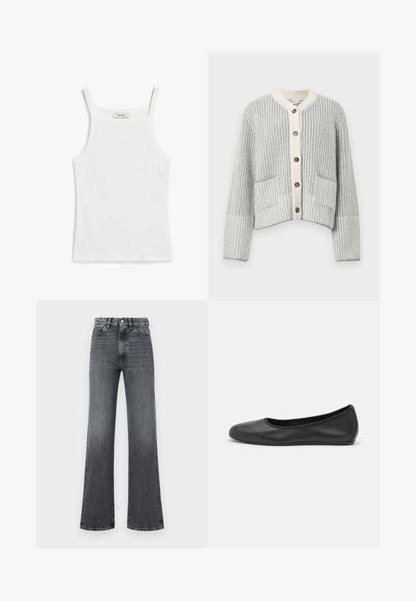 Wolblend vest in grijs en crèmekleur, met verticale ribbels, een visgraatkraag, zes donkere knopen en twee voorzakken.; Witte tanktop met dunne banden, gemaakt van ribkatoenen stof, met een rechte halslijn en een nette afwerking aan de zoom.; Grijze denim flared jeans met een hoge taille, vijf zakken, knoopsluiting en subtiele textuurverloop van boven naar beneden.; Zwarte leren ballerina met een ronde neus, gladde textuur, minimale stikdetails en een flexibele zoolontwerp.