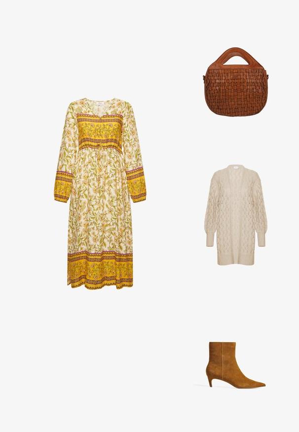 Beige strikket cardigan med løs pasform, åben front og tekstureret blondermønster. Har ribbede manchetter og kant. Let og luftig materiale.; Langærmet kjole med blomstermotiv, der har en hvid base og gule og lilla stribede detaljer ved taljen og ærmerne, samt en snor til at binde.; Brune ruskind ankelstøvle med spids tå og en lav kittenhæl. Designet har en glat tekstur og en sømløs overdel.; Brun læderhåndtaske med vævet kvadratisk mønster, rund form og integreret top håndtag på hvid baggrund.