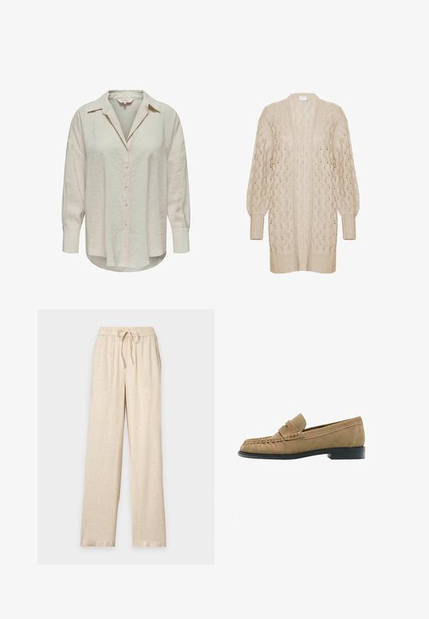 Beige strikket cardigan med løs pasform, åben front og tekstureret blondermønster. Har ribbede manchetter og kant. Let og luftig materiale.; Lys beige skjorte med knapper og krave, lange ærmer og et let struktureret stof. Har en buet kant og knapper foran.; Beige bukser med vide ben, elastisk talje og bindebånd, lavet af et let tekstureret stof.; Lysebrun ruskind penny loafer med syning på moc-tåen, lav sort stablet hæl og en remdetalje over vristen på hvid baggrund.