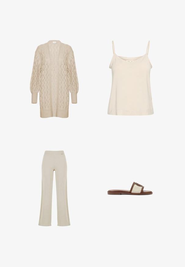 Cardigan en tricot beige à coupe ample, à l'avant ouvert, avec un motif en dentelle texturé. Il présente des poignets et un ourlet côtelés. Matériau léger et aéré.; Camisole beige clair en tissu doux, avec de fines bretelles réglables et un décolleté en V, offrant une coupe légèrement décontractée.; Pantalons larges beige avec une texture en ribbed lisse, taille élastique et sans ornements visibles, offrant une silhouette décontractée.; Sandale à glisser en cuir marron avec une tige tissée beige, semelle plate et bout arrondi. Le design inclut un accent logo sur la sangle.