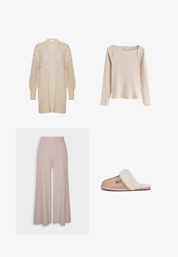 Beige strikket cardigan med løs pasform, åben front og tekstureret blondermønster. Har ribbede manchetter og kant. Let og luftig materiale.; Beige langærmet ribstrikket top med firkantet udskæring og let skulderdetalje, vist på hvid baggrund.; Lys grå bredbenede bukser lavet af blødt ribbet stof, med høj talje og fuldlængde ben med subtil tekstur.; Tan suedestøvle med blødt hvidt pelsfor, åben tå-design, flad sål og et lille brandmærke på siden.
