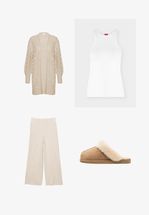 Beige gestrickte Strickjacke mit lockerer Passform, offenem Frontbereich und strukturiertem Spitzenmuster. Mit gerippten Bündchen und Saum. Leichter und luftiger Stoff.; Weißes ärmelloses, geripptes Tanktop mit hohem Rundhalsausschnitt und figurbetonter Form, abgebildet auf einfachem hellem Hintergrund.; Beigeweite Hosen aus weichem Stoff, mit hoher Taille und vorderen Nahtdetails. Lässige und entspannte Passform ohne Taschen.; Beige Wildlederschlappen mit einem weichen, flauschigen Innenfutter aus cremefarbener Schafsleder. Verfügt über eine flache, strukturierte Gummisohle für einen sicheren Halt.