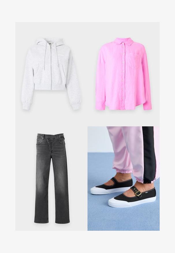 Sudadera con capucha gris claro recortada con cremallera, bolsillos delanteros, capucha con cordón, puños elásticos y logo de la marca sutil en el pecho.; Camisa rosa de manga larga con botones, cuello y bolsillo en el pecho, presentada sobre un fondo claro y simple.; Jeans de mezclilla gris oscuro con corte recto, diseño de cinco bolsillos y un desgaste sutil. Costuras reforzadas y detalles de herrajes metálicos.; Zapatillas de lona negras con suela blanca, con un diseño recortado y una correa con hebilla dorada. Combinadas con pantalones de chándal rosas.