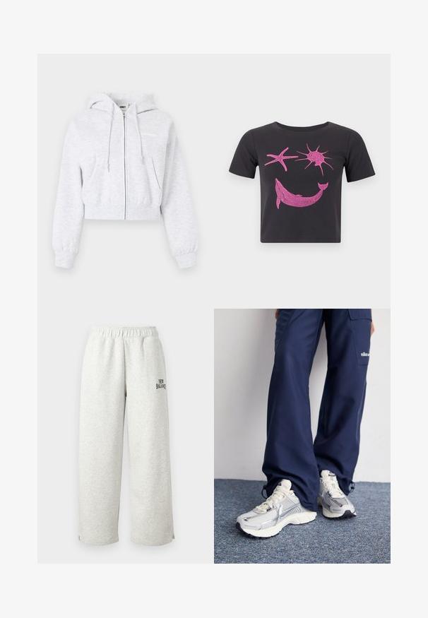 Lysegrå cropped hættetrøje med lynlås, forlommer, snøre i hætten, elastiske manchetter og diskret mærkelogo på brystet.; Sort kortærmet crop top med pink grafik af en delfin, en søstjerne og en sol på fronten mod en ensfarvet baggrund.; Lysegrå joggingbukser lavet af blødt materiale, med elastik i taljen og en lille sort "New Balance"-logo på siden.; Nike sportssko med en sølvfarvet mesh-overdel, hvide detaljer og strukturerede såler, parret med løstsiddende navy bukser.