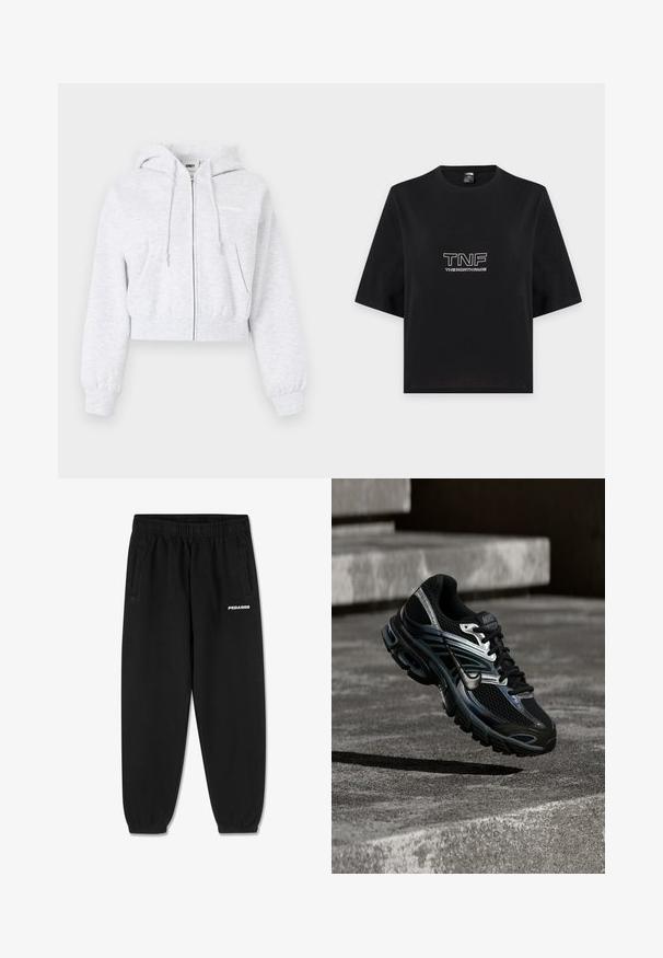 Svetlosivá krátka mikina na zips s prednými vreckami, sťahovacou kapucňou, elastickými manžetami a jemným logom značky na hrudi.; Čierne cropované tričko s krátkymi rukávmi a bielym logom "TNF THE NORTH FACE" v strede vpredu.; Čierne tepláky vyrobené z jemného materiálu, s pásom na šnúrku, zúženými nohavicami a bočnými vreckami. Biele logo "PEGADOR" na prednej strane.; Čierno-strieborná bežecká topánka Nike vznášajúca sa nad betónovými schodmi, zobrazujúca detailný dizajn a textúrovanú podrážku v exteriéri.