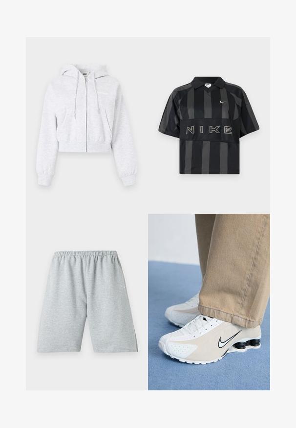 Hellgrauer, kurz geschnittener Hoodie mit Reißverschluss, Fronttaschen, Kordelzugkapuze, elastischen Bündchen und dezentem Markenlogo auf der Brust.; Schwarzes und dunkelgraues, vertikal gestreiftes Nike-Poloshirt mit kurzen Ärmeln, Kragen, weißem Nike-Swoosh und großem NIKE-Schriftzug auf der Brust.; Hellgraue knielange Sportshorts mit elastischem Bund und kleinem weißem Logo am linken Bein.; Weiße und beigefarbene Nike-Sneaker mit durchlöchertem Design, schwarzem Swoosh-Logo, strukturiertem Obermaterial und auffälliger, federnder schwarzer Ferse.