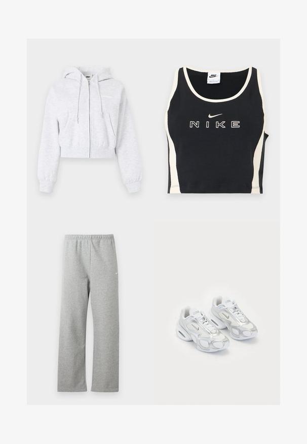 Lichtgrijze cropped zip-up hoodie met voorzakken, capuchon met trekkoord, elastische manchetten en subtiel merkembleem op de borst.; Zwart mouwloos kort topje met witte bies en zijpanelen, voorzien van witte Nike-tekst en swoosh-logo in het midden aan de voorkant.; Lichtgrijze joggingbroek met elastische tailleband en een klein wit Nike-logo op het bovenbeen, plat liggend tegen een witte achtergrond.; Witte sportieve schoenen met een bovenwerk van mesh en zilveren accenten, in een unieke vorm en met luchtkussen in de hiel. Gespannen ontwerp met logo.