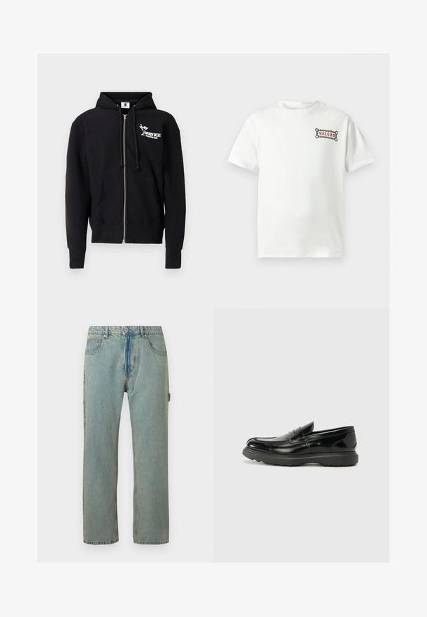 Sudadera con capucha negra con cremallera, hecha de algodón. Presenta un logo frontal, capucha con cordón, bolsillos delanteros y puños y dobladillo acanalados. Textura suave.; Camiseta blanca de algodón con mangas cortas, que presenta un gráfico rectangular en rojo y negro con el logo "Volcom" en la zona izquierda del pecho.; Vaqueros de denim de corte suelto en azul claro, con cinco bolsillos, cierre de botón y costuras visibles. La tela tiene un aspecto desgastado y texturizado.; Mocasín de cuero negro con un acabado brillante, punta redondeada, detalles de costura sutiles y una suela de goma gruesa para mayor durabilidad.