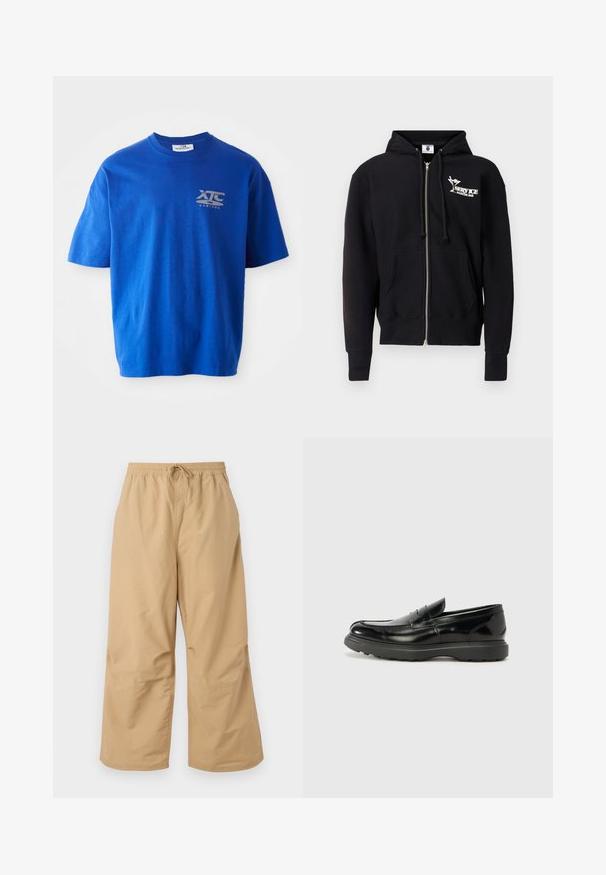Sudadera con capucha negra con cremallera, hecha de algodón. Presenta un logo frontal, capucha con cordón, bolsillos delanteros y puños y dobladillo acanalados. Textura suave.; Camiseta de algodón azul con mangas cortas, con un logo gris en la parte superior izquierda del pecho, escote redondo y un corte relajado.; Pantalones de pierna ancha beige, hechos de tela ligera, con una cintura elástica y cordón, y detalles cosidos cerca del dobladillo.; Mocasín de cuero negro con un acabado brillante, punta redondeada, detalles de costura sutiles y una suela de goma gruesa para mayor durabilidad.