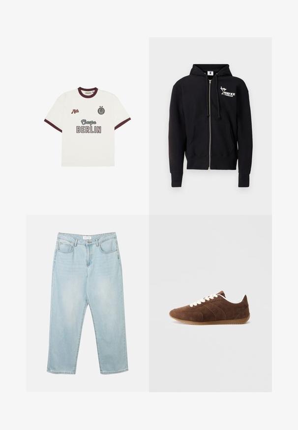 Sudadera con capucha negra con cremallera, hecha de algodón. Presenta un logo frontal, capucha con cordón, bolsillos delanteros y puños y dobladillo acanalados. Textura suave.; Camiseta blanca de manga corta con ribete burdeos, texto "Escape BERLIN" en el centro del frente, "Mitte" en el lado izquierdo del pecho y un emblema circular con dos estrellas en el lado derecho del pecho.; Jeans de mezclilla azul claro con un corte relajado, cinco bolsillos, cierre de botón y ligeras desgastadas. La textura es suave y ligeramente usada.; Zapatillas de ante marrón con cordones y forro blanco, suela de perfil bajo y detalles de paneles cosidos sobre un fondo claro.