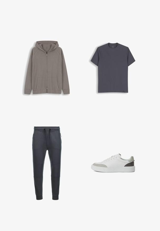 Sudadera con capucha y cremallera de color marrón claro con bolsillos delanteros y mangas largas, mostrada sobre un fondo blanco.; Camiseta de manga corta de color gris oscuro con cuello redondo, con una pequeña etiqueta negra en el dobladillo inferior y costuras visibles en las mangas y los hombros.; Pantalones de chándal gris oscuro fabricados en tejido suave, con cintura elástica ajustable, dos bolsillos laterales con cremallera y detalles en panel en las piernas.; KARL LAGERFELD SNEAKER MAXI KUP - Zapatillas - white grey