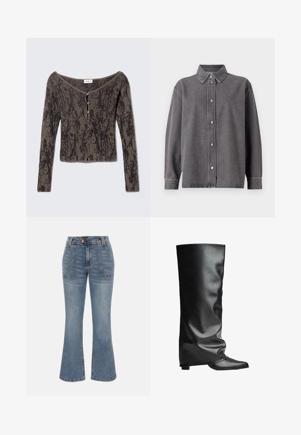 Langærmet ribstrikket cardigan med rund halsudskæring, knappelukning foran og abstrakt sort og brun mønster.; Grå denimskjorte med knaplukning foran, lange ærmer og spidse kraver. Har to forlommer og en afslappet pasform.; Blå denimjeans med høj talje, forlommer med lap, knap- og lynlås-lukning og en let udvidet ben-silhuet.; Sorte knæhøje støvler i læder med en glat tekstur og en slasket form. Har spids snude og flad hæl for stabilitet.
