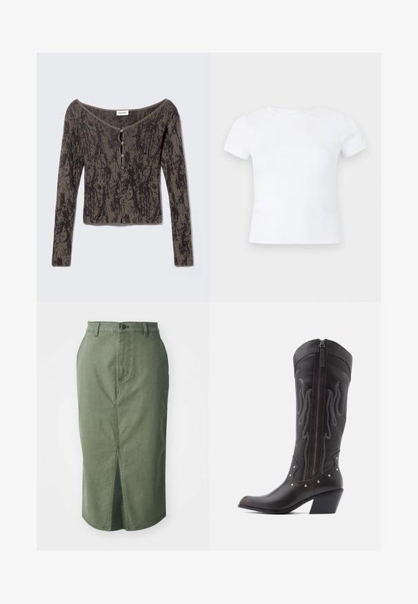Langærmet ribstrikket cardigan med rund halsudskæring, knappelukning foran og abstrakt sort og brun mønster.; Hvid kortærmet t-shirt med rund hals vist på en neutral lys grå baggrund.; Olivengrøn denimnederdel med mellemlang længde, forklaring, traditionelt taljestykke med knaplukning og syet detaljering langs sømmene.; Brune læder cowboystøvler med flammebroderi, sidelukning med lynlås, sølvnitter, spids snude og lagdelt hæl.