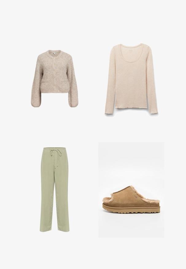 Beige cropped cardigan lavet af blødt, tekstureret stof. Har en rund halsudskæring, lange ærmer og fem guldknapper fortil.; Beige langærmet top med rund halsudskæring, let bølget kant og blødt, let stof.; Lys grønne linnedbukser med elastisk talje, bred ben-design og sidelommer. Blød tekstur og enkle konstruktionsdetaljer.; Beige ruskind slip-on sutsko med blødt fleecefor og gummisål, med et side-UGG-logo på en ens hvid baggrund.