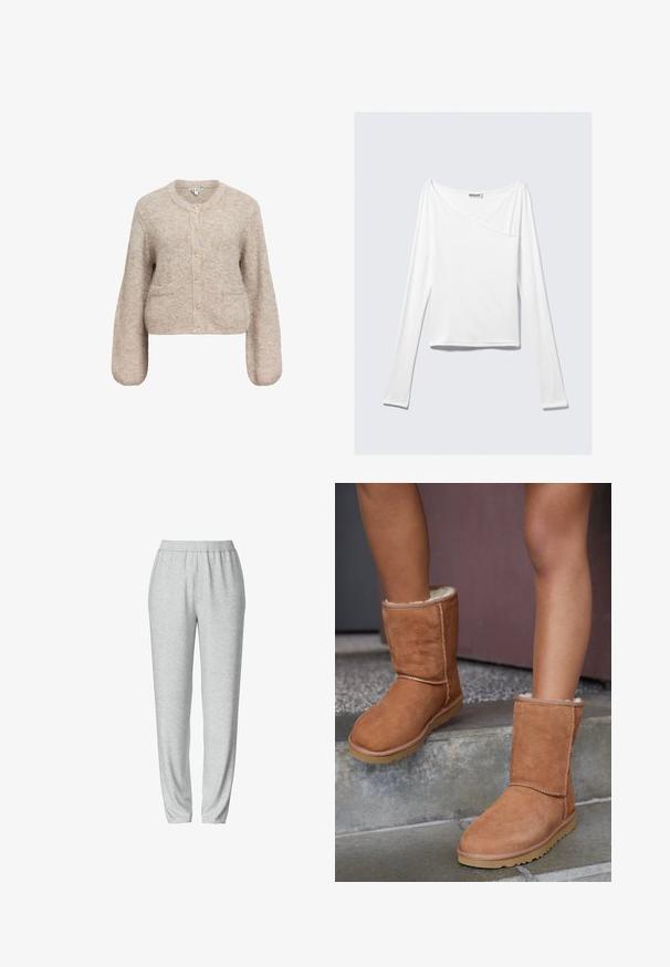 Cárdigan corto beige hecho de un tejido suave y texturizado. Presenta un escote redondo, mangas largas y cinco botones dorados en el frente.; Top blanco de manga larga con diseño cruzado y un bolsillo. Fabricado en una tela suave y elástica. Con un corte casual y relajado.; Pantalones de chándal grises con una cinturilla elástica, diseño de pierna ajustada, textura suave y sin patrones visibles ni detalles de hardware.; Botas de tobillo de ante marrón con punta redonda, forro suave y suela de goma, con detalles de costura visibles a lo largo de las costuras.