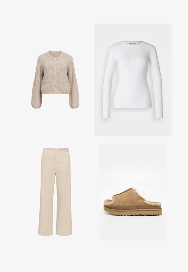 Beige lõikega kardigan, mis on valmistatud pehmest, tekstuuriga kangast. Omab ümmargust kaelaauku, pikki varrukaid ja viit kuldset nööp rauga ees.; Valge pika varrukaga särk on valmistatud ribakudumist, millel on ümmargune kaelus ja keha lähedane lõige. Muster või kaunistused puuduvad.; Beez värvi laiad korduroystantsid, millel on kiirelt märgatav rööbpind, vööloopid, esine tõmblukk ja kaks külgekotti.; Beežist seemisnahast libistatav suss, pehme fliisvoodriga ja kummist tallaga, küljes UGG logo valgel taustal.