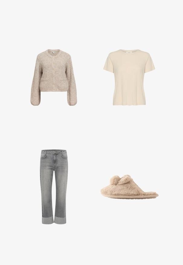 Cardigan cropped beige en tissu doux et texturé. Il présente un col rond, des manches longues et cinq boutons dorés sur le devant.; T-shirt beige à manches courtes et col rond, coupe décontractée et texture de tissu lisse, présenté sur un fond blanc uni.; Jean en denim gris au design droit, avec un ourlet replié. Style classique à cinq poches et fermeture avant à bouton.; Chausson beige duveteux à enfiler avec deux pompons sur le dessus et une semelle plate, conçu pour une utilisation intérieure.