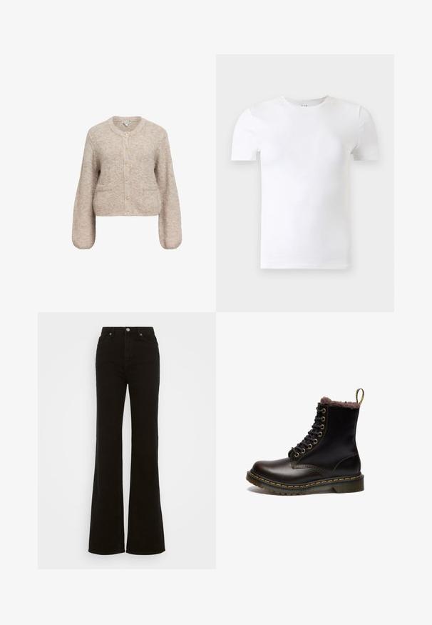 Beige verkürzter Cardigan aus weichem, strukturiertem Stoff. Hat einen runden Halsausschnitt, lange Ärmel und fünf goldene Knöpfe auf der Vorderseite.; Schlichtes weißes Kurzarm-T-Shirt mit Rundhalsausschnitt vor einem hellgrauen Hintergrund.; Hoch taillierte schwarze Schlagjeans aus Denim, mit Knopfverschluss, seitlichen Taschen und glatter Textur.; Schwarze Lederstiefelette mit Fellfutter, runder Zehenform, Schnürung an der Vorderseite, goldenen Ösen und gelben Nähten entlang der Sohle und dem Rand.