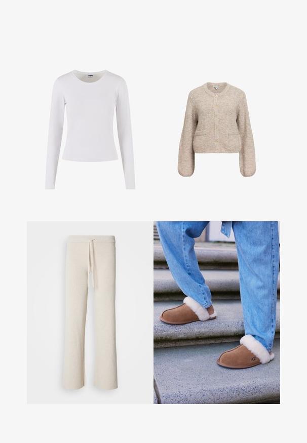 Beige κοντό cardigan κατασκευασμένο από μαλακό, υφασμάτινο υλικό. Διαθέτει στρογγυλή λαιμόκοψη, μακριά μανίκια και πέντε χρυσά κουμπιά μπροστά.; Λευκό μπλουζάκι με μακριά μανίκια από μαλακό βαμβάκι, με στρογγυλή λαιμόκοψη και εφαρμοστή γραμμή, χωρίς σχέδια ή αξεσουάρ.; Μπεζ παντελόνι με φαρδιά πόδια, φτιαγμένο από μαλακό ύφασμα, με ελαστική μέση που διαθέτει κορδόνι και πλαϊνές σχισμές στο στρίφωμα.; Καφέ σουέτ παντόφλες με λευκή γούνα εσωτερικά, στρογγυλή μύτη και καουτσούκ σόλα, συνδυασμένες με μπλε τζιν παντελόνι σε γρανιτένιες σκάλες.