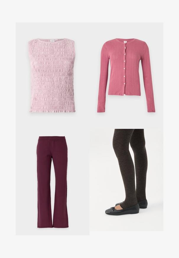Cardigan rose à manches longues avec un motif de tricot côtelé vertical et des boutons blancs sur le devant, présenté sur un fond uni.; Haut sans manches rose clair avec texture de tissu froncé et fripé, au col rond.; Pantalon droit de couleur bordeaux foncé uni avec une taille élastique, en tissu doux.; Jambes portant des leggings côtelés foncés associés à des ballerines noires avec de petits détails en nœud sur fond blanc.