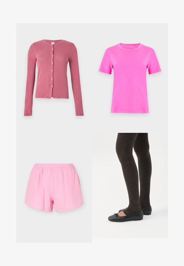 Cardigan rose à manches longues avec un motif de tricot côtelé vertical et des boutons blancs sur le devant, présenté sur un fond uni.; T-shirt rose vif à manches courtes et col rond, présenté de face sur un fond gris clair uni.; Shorts en coton rose clair avec taille élastique et coupe ample, affichés sur un fond clair uni.; Jambes portant des leggings côtelés foncés associés à des ballerines noires avec de petits détails en nœud sur fond blanc.