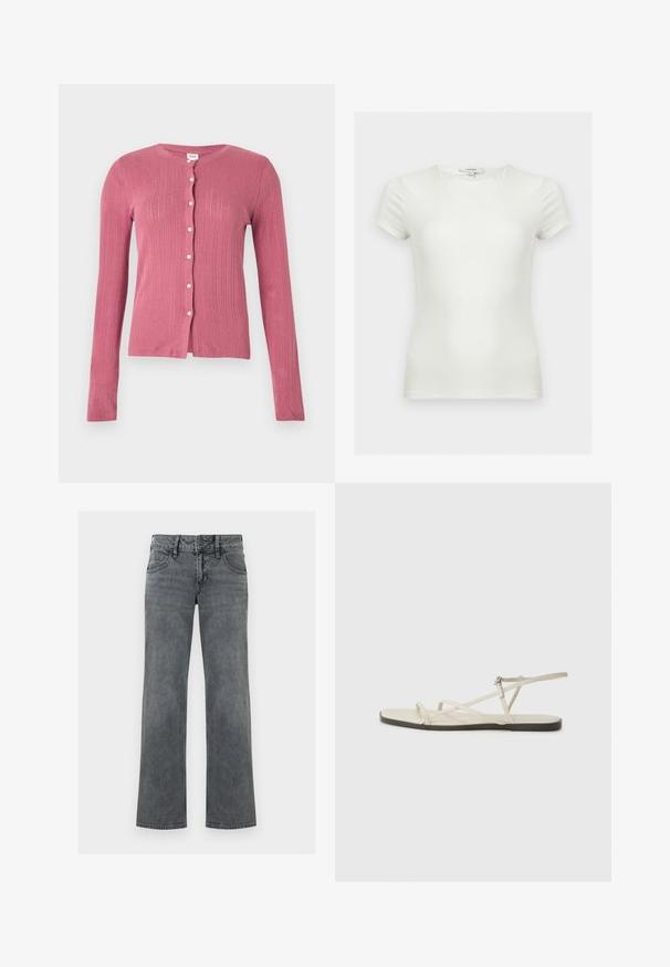 Lyserød cardigan med lange ærmer, lodret ribstrikket mønster og hvide knapper foran, vist mod en ensfarvet baggrund.; Plain hvid tætsiddende t-shirt med korte ærmer og rund halsudskæring, vist på en neutral baggrund.; Grå denimjeans med lige ben, lynlås og knap foran samt fem-lomme-design, vist mod en hvid baggrund.; Beige flad sandal med flere slanke stropper og en justerbar spænde. Sålen er flad med en let mørkere kontrast ved kanten.