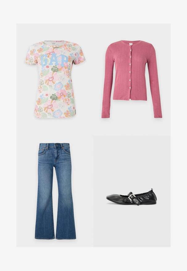 Cardigan rose à manches longues avec un motif de tricot côtelé vertical et des boutons blancs sur le devant, présenté sur un fond uni.; T-shirt blanc à manches courtes avec des motifs floraux colorés rose, vert, bleu et orange et un grand texte bleu clair "GAP" sur le devant.; Jean en denim bleu taille haute, design classique à cinq poches, bouton métallique, et jambes évasées larges.; Chaussure plate en cuir noir avec un nez pointu, des détails froncés autour de l'ouverture et un accent en boucle argentée sur la bride ajustable.
