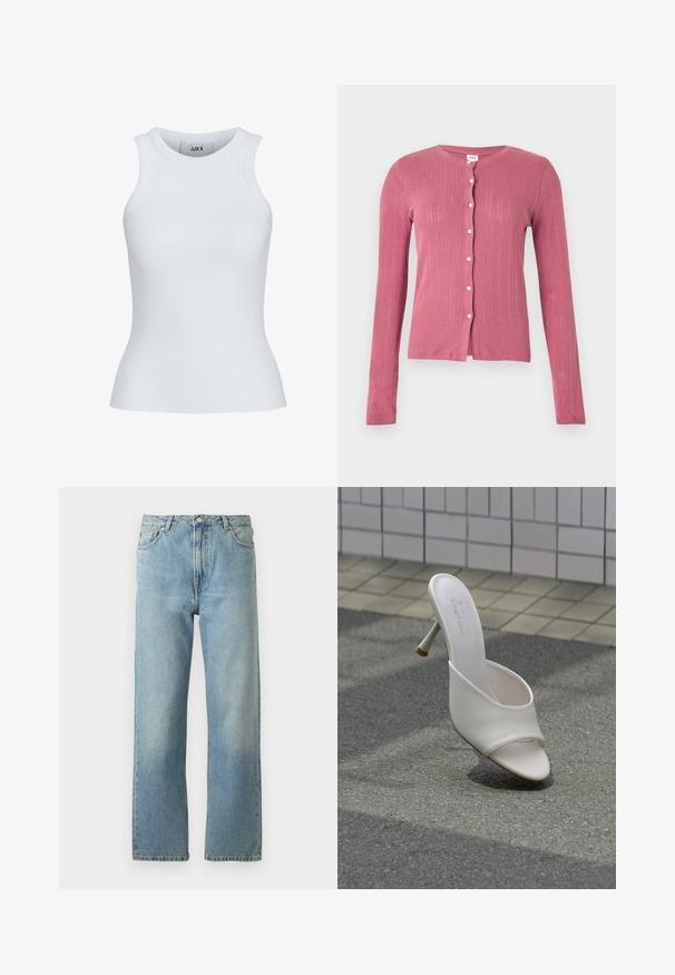 Rosa langärmlige Strickjacke mit vertikalem Rippenmuster und weißen Knöpfen vorne, vor einem einfarbigen Hintergrund dargestellt.; Weißes, geripptes Tanktop mit runder Ausschnittform und ärmellosem Design. Hat eine Slim-Fit-Passform und eine weiche Textur, ideal zum Lagenlook.; Hellblaue Denim-Jeans mit geradem Bein, ausgestattet mit einem Fünf-Taschen-Stil und einem Knopfverschluss am Bund.; Weißer High-Heel-Pantolette mit offenem Zehenbereich schwebt über grauem Asphalt und vor einem Hintergrund aus gefliesten Wänden.
