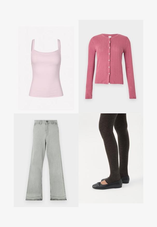 Cardigan rose à manches longues avec un motif de tricot côtelé vertical et des boutons blancs sur le devant, présenté sur un fond uni.; Débardeur rose clair côtelé avec de fines bretelles, présentant une coupe ajustée et une texture lisse, adapté pour le superposition ou une tenue décontractée.; Jean évasé gris clair en denim, doté d'une fermeture par bouton, d'une ceinture droite et d'une texture légèrement usée aux ourlets.; Jambes portant des leggings côtelés foncés associés à des ballerines noires avec de petits détails en nœud sur fond blanc.