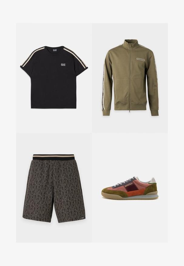 Olivgrüne Zip-Up-Jacke mit hohem Kragen und Logoband an Ärmeln und Brust mit der Aufschrift EA7 Emporio Armani.; Schwarzes Baumwoll-T-Shirt mit kurzen Ärmeln. Besitzt kontrastierende sandfarbene Streifen auf den Schultern und ein kleines Markenlogo auf der Brust.; Schwarze Shorts mit einem strukturierten Muster aus diagonalen Linien und dem Text "EAT" in Beige. Elastischer Bund mit kontrastierenden Streifen.; PS Paul Smith DOVER - Sneaker low - pink