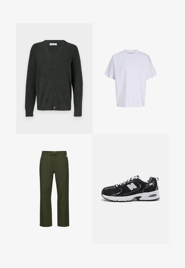 Cardigan vert foncé à col en V, en tissu texturé, doté de cinq boutons sur le devant et de manches longues avec poignets côtelés.; T-shirt blanc uni oversize à manches courtes, col rond et coupe ample sur fond blanc.; Pantalon vert olive avec une taille à cordon, une coupe droite, une texture de tissu douce et une petite étiquette logo discrète à l'avant.; Baskets de sport noires et grises avec un tige en mesh et en suède, présentant une semelle intermédiaire blanche, des lacets et un logo "N" audacieux sur le côté.