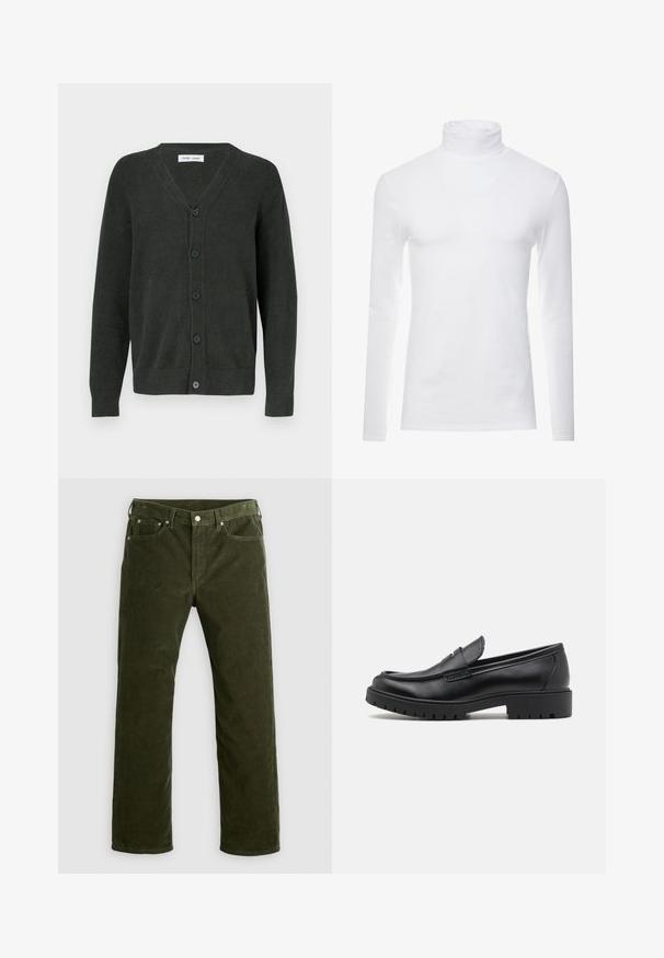 Donkergroene, V-hals cardigan van gestructureerde stof, met vijf knopen aan de voorkant en lange mouwen met geribbelde boorden.; Witte lange mouw turtleneck-shirt gemaakt van zachte, rekbare stof. Heeft een hoge kraag en een aangesloten ontwerp, wat zorgt voor een gestroomlijnde uitstraling.; Olijfgroene corduroy rechte pijpen broek met voorknop, ritssluiting, riemlussen en vijf-vakken ontwerp op een witte achtergrond.; Zwarte leren instappers met een ronde neus, slip-on ontwerp en dikke rubberen zool met een gestructureerde grip. Verhoogde hak en subtiele stikdetails.