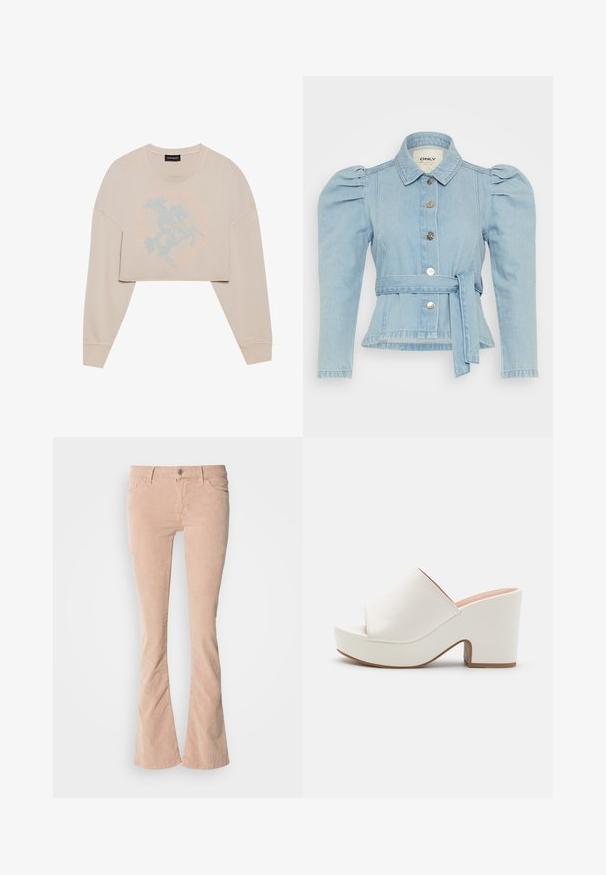 Beige cropped sweatshirt med lange ærmer, der har et lyseblåt grafisk motiv af en hesterider og cirkulær tekst omkring. Blød tekstur, afslappet pasform.; Lys blå denimjakke med krave, puffede ærmer, fem metal knaplukninger, taljebind og en tætsiddende silhuet.; Lysrosa fløjl flared jeans med subtil ribbet tekstur, frontlommer, lynlås og knaplukning, samt en let falmning langs benene.; Hvide platformmules med en glat overflade, åben tå-design og en kraftig hæl. Har en subtil overfladiskøm og en kontrastfarvet sål.